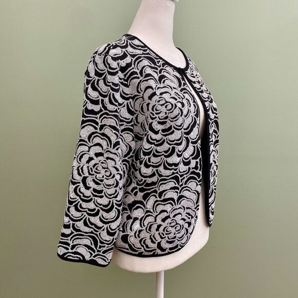 Bob Mackie Sequin Jacket Womens Medium Black White Floral Formal Party Art - Picture 3 of 9